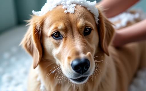 気持ちよさそうにシャンプーされているゴールデンレトリバー