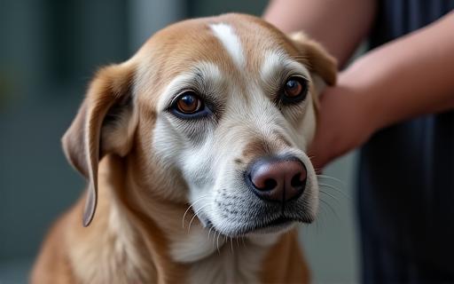 シニア犬を優しくケアするスタッフの手