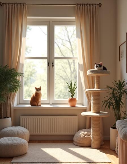 キャットタワーと窓がある猫専用ルーム
