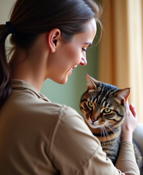 女性スタッフが優しく猫を撫でている様子